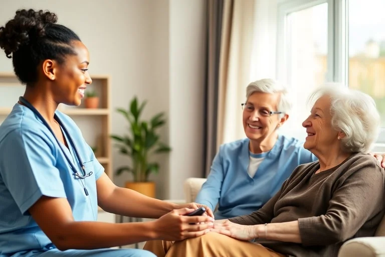 RixbyCare verpleegkundige in gesprek met twee oudere cliënten thuis